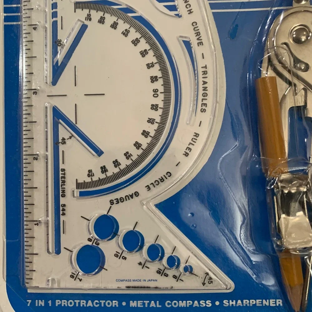 Sterling School‎ Kit 7 in 1 Protractor Metal Compass Sharpener New Vintage NOS